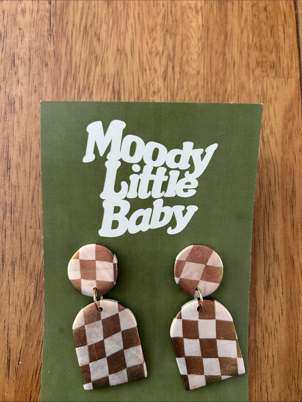 NWT Moody Little Baby Checkerboard Dangle Earrings - Brown & Cream
